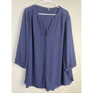 Cato Blouse Womens 1X Navy Button Front Crepe Pleated Flowy 3/4 Sleeve Office